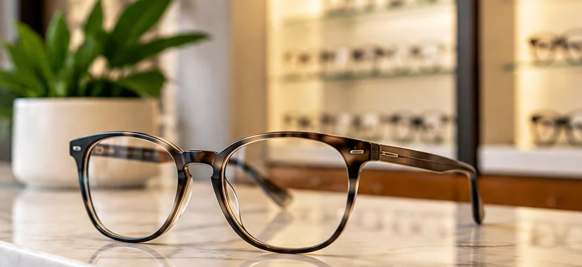 Stylish eyeglasses in a welcoming optical showroom
