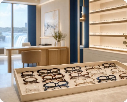 Selection of eyeglass frames displayed in an optical showroom
